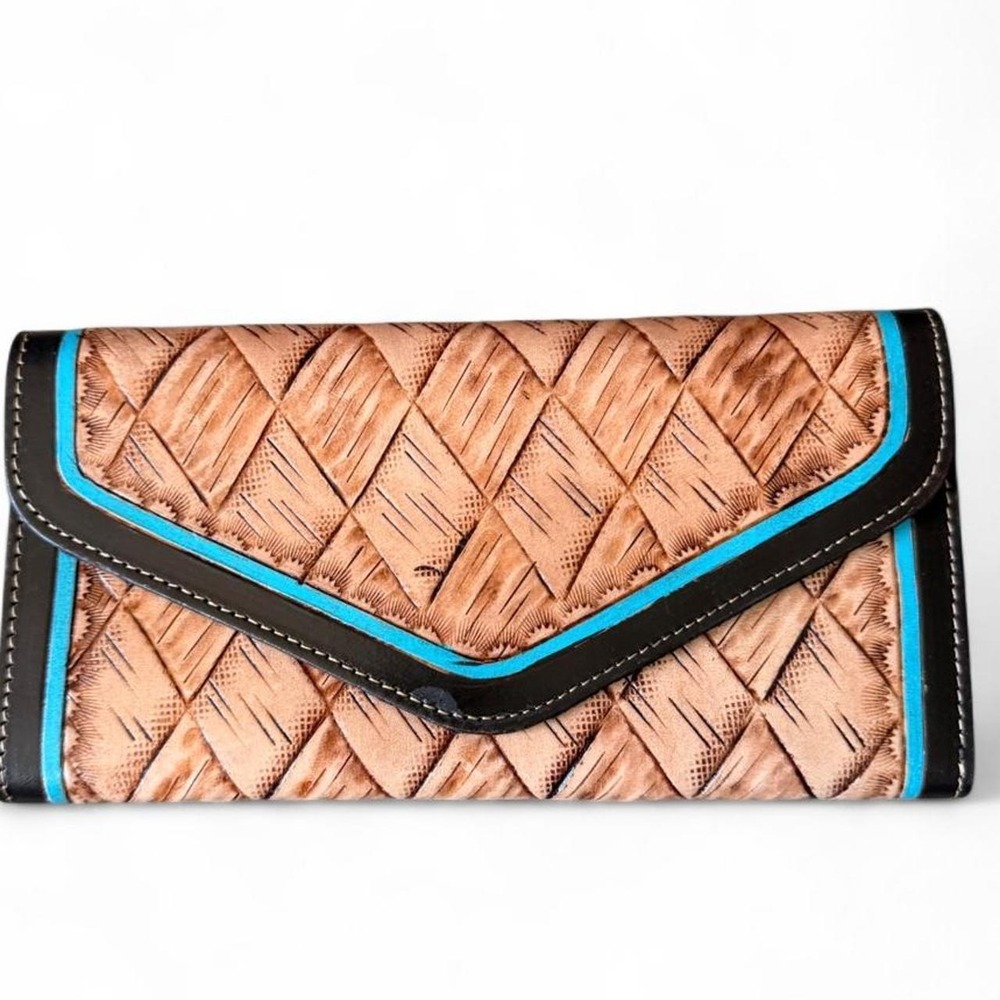 Brown Weave Embossed Leather Wallet with blue trim and woven texture